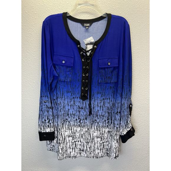 Slim Factor by Investments Women’s L Blue Lace Up Ombre Blouse Tunic - Picture 1 of 7